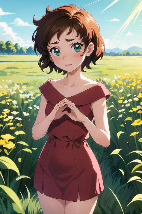 1girl, sndsuzuka, childshort hair, brown hair, green eyes, collarbone, red dress, embarrassed, blush, looking at viewer, standing, grass field <lora:sounanda-suzuka-000004:0.7>, petite, cameltoe,, (masterpiece:1.2), best quality, high resolution, unity 8k wallpaper, (illustration:0.8), extremely detailed face, perfect lighting, extremely detailed CG, (perfect hands, perfect anatomy), (masterpiece, best_quality, ultra-detailed, immaculate:1.3), epic, illustration, render, <lora:GoodHands-vanilla:0.9>