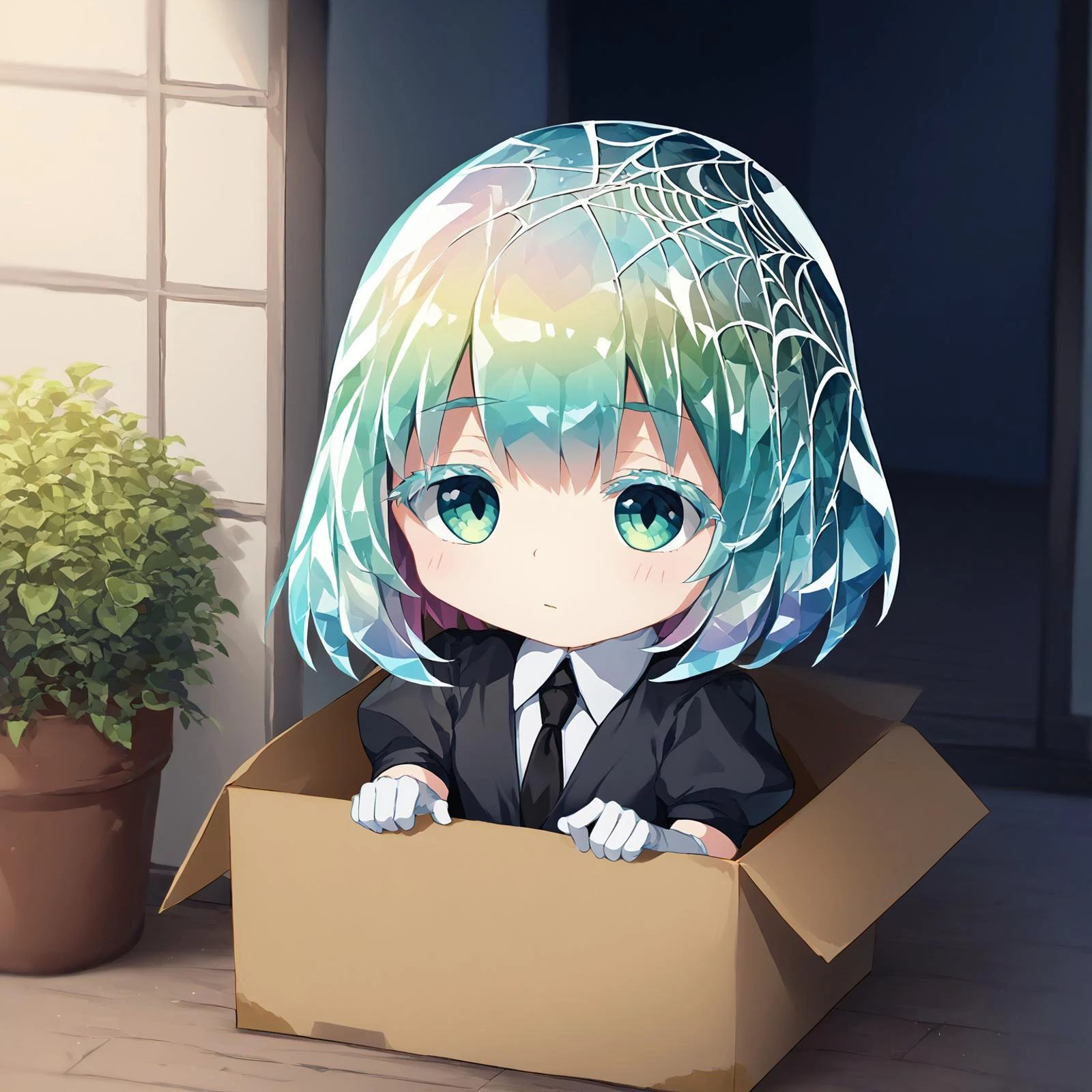 b0xe,chibi, in box,sitting,indoors, spider web on head,
hskdmnd, crystal hair, colored eyelashes, multicolored hair, short hair, black shirt, puffy short sleeves, collared shirt, black necktie, elbow gloves, white gloves, confusion, head tilt,looking down,
BREAK
score_9,score_8_up,score_7_up, <lora:kushi_v1_1-000010:0.9> <lora:Hoseki_HousekiNoKuni_Diamond_PDXL_v1:1><lora:boxed_potat_v1:1>