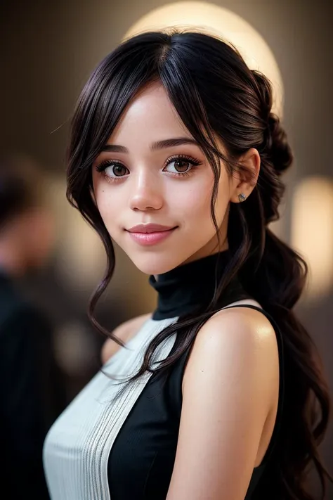 photo of beautiful (j3nna0rt3ga-135:0.99), a woman in a (movie premiere gala:1.1), perfect hair, hair upsweep updo, wearing black (sailor:1.1),  ((Femcel Weeaboo:1.1)), (smiling:1.1), modelshoot style, (extremely detailed CG unity 8k wallpaper), professional majestic (photography by  cindy sherman:1.1), (Canon A2/A2e Camera), 24mm, exposure blend, hdr, faded, extremely intricate, High (Detail:1.1), Sharp focus, dramatic, soft cinematic light, (looking at viewer), (detailed pupils), (upper body), 24mm, 4k textures, soft cinematic light, adobe lightroom, photolab, elegant, ((((cinematic look)))), soothing tones, insane details, hyperdetailed, low contrast