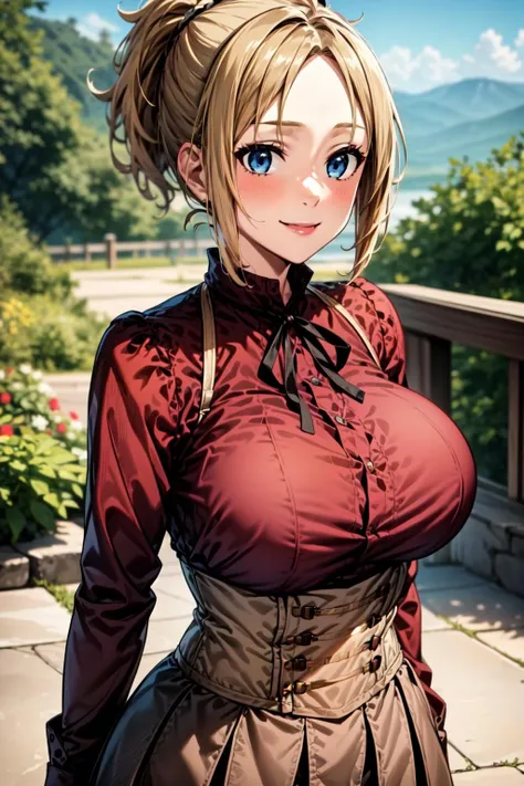 best quality, masterpiece, 1girl, (solo:1.1), raytracing, ultra detailed,detailed face, 8k wallpaper, (wide hips:1.1), <lora:more_details:0.5>, ZenithGreyratNDV, 1girl, blonde hair, blue eyes, large breasts, medium hair, ponytail, bangs, ribbon, collared shirt, <lora:ZenithGreyratNDV:0.7>, mature female, outdoor, red shirt, brown skirt, corset, smile