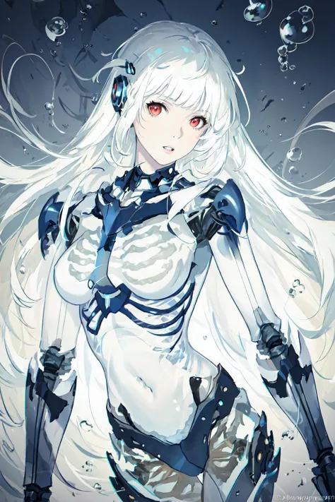 1mechanical_girl wearing intricate bioluminescent mechanical cyborg armor made out of (white beige old plastic) , ((ultra realistic details)), detailed_face, global_illumination, shadows, octane_render, 8k, ultra_sharp, metal, ornaments_detailed, solo, transparent body,1girl, long hair, white hair,solo, white skin, colored skin, looking at viewer, breasts, ribs, bubble, parted lips, red eyes, red skeleton, navel, medium breasts, air bubble, red underwater,