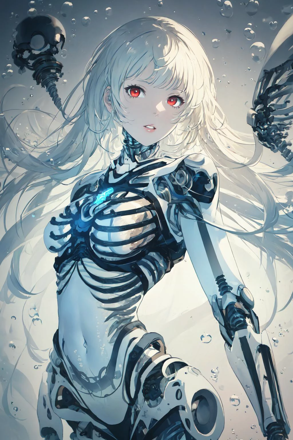 1mechanical_girl wearing intricate bioluminescent mechanical cyborg armor made out of (white beige old plastic) , ((ultra realistic details)), detailed_face, global_illumination, shadows, octane_render, 8k, ultra_sharp, metal, ornaments_detailed, solo, transparent body,1girl, long hair, white hair,solo, white skin, colored skin, looking at viewer, breasts, ribs, bubble, parted lips, red eyes, red skeleton, navel, medium breasts, air bubble, red underwater,