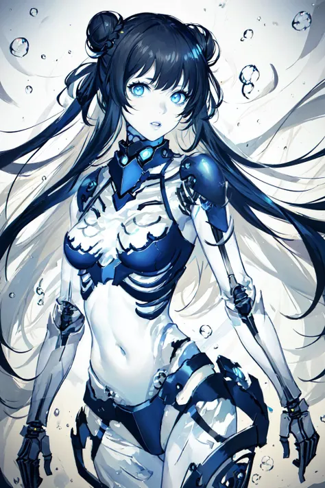 1mechanical_girl wearing intricate bioluminescent mechanical cyborg armor made out of (white beige old plastic) , ((ultra realistic details)), detailed_face, global_illumination, shadows, octane_render, 8k, ultra_sharp, metal, ornaments_detailed, solo, transparent body,1girl, solo, hair bun, double bun, black hair, long hair, breasts, colored skin, navel, blue eyes, abyssal ship, medium breasts, bubble, looking at viewer, parted lips, white skin, air bubble, bangs,