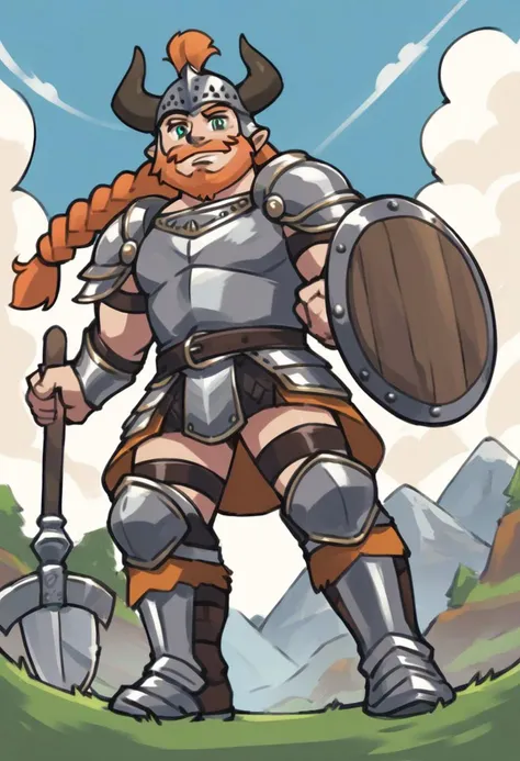 score_9, score_8_up, score_7_up, score_6_up, score_5_up, score_4_up, source_anime,
1boy, solo, beard, mustache, braid, horns, aqua eyes, armor, axe, boots, braided beard, cloud, day, dwarf, eyebrows, facial hair, fake horns, from below, grass, helmet, horned helmet, leg hair, long beard, male focus, mountain, open mouth, orange hair, outdoors, scale armor, shield, sky, vambraces, veins, weapon