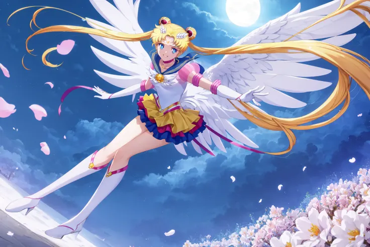 <lora:eternalSailorMoonLora_v1:1> eternal sailor moon, (masterpiece, best quality, ultra-detailed, highres), perfect face, side lighting, lustrous skin,(bloom), (shine), lighting, ray tracing, sci-fi,girl, eternal sailor moon, night sky, cherry blossoms, detailed face, face focus, shiny skin, smile, game cg, torino aqua, nigh sky, moonlight, moon, (wings 1.5), white gloves, fullbody, depth_of_field, very detailed background, rule of thirds, great composition,Dynamic angle, solo, extreme light and shadow,(detailed eyes), ethereal:1.5, (magical), (extremely detailed CG unity 8k wallpaper),perfect anatomy , vivid colors,