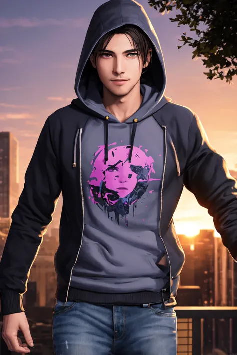 duskypie,(masterpiece, best quality, ultra-detailed, highres, absurdres), perfect face, sidelighting,(bloom), (shine), lighting, ray tracing, sci-fi, solo, 1boy, male focus, solo, vibrant violet eyes, smile, vibrant purple and blue hair, (flat chest), ((male focus)), looking at viewer, hoodie, hood, pants, denim pants, city, trees, sunset, depth_of_field, very detailed background, highly detailed background, Ultra detailed, great composition,(Highest picture quality), (Master's work), depth of field, solo, extreme light and shadow, masterpiece, rich in detail, (fine features), (highest quality), (masterpiece), (detailed eyes), (beautiful) detailed,beautiful detailed eyes, cyberpunk:1.4, full body, (extremely detailed illustrated digital art 8k wallpaper),(masterpiece), (best quality), (ultra-detailed), (best illustration),(best shadow),perfect lighting , perfect anatomy , vivid colors,kairowez