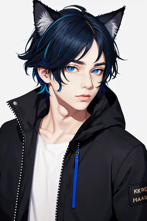 masterpiece, best quality, solo, animal ears, blue eyes, black sclera, colored sclera, black hair, cat ears, multicolored hair, freckles,1boy, jacket, two-tone hair, upper body, blue hair, looking at viewer, male focus, lips, zipper, short hair