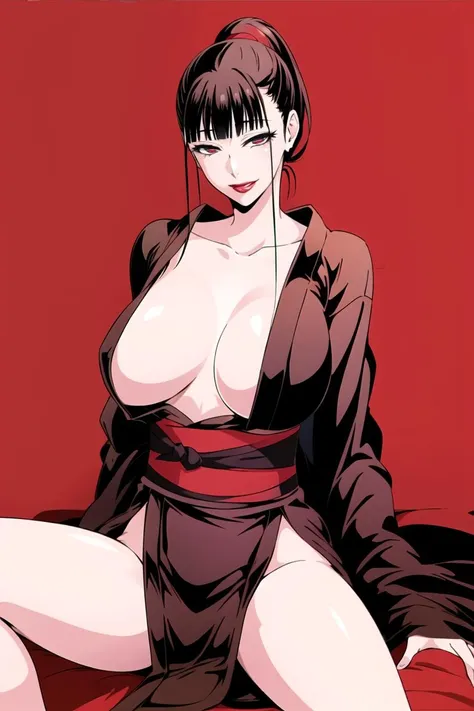 AYui,1girl,cowboy shot,sitting,smile,lipstick,large breast, spread legs,kimono,looking at viewer,
simple background, red background,
, <lora:AYui_test5:0.8>