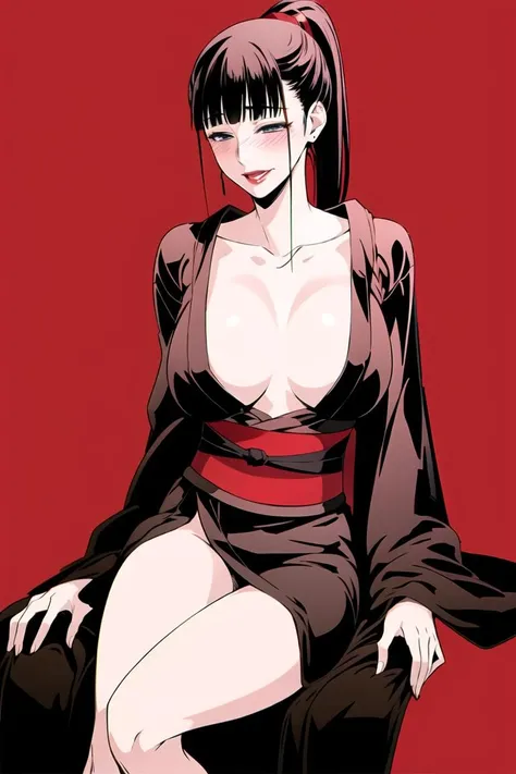 AYui,aunt yui, 1girl, solo, breasts, ponytail, japanese clothes, long hair, large breasts, kimono, sitting, cleavage, blush, blunt bangs, bangs, sash,makeup,blush,smile,lipstick,
simple background, red background,
, <lora:AYui_test5:0.8>