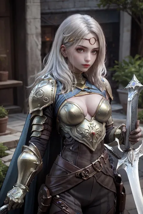 masterpiece, best quality, highres, 1girl, solo, scenery, looking at viewer,
GAME_Knight_ownwaifu,www.ownwaifu.com,long hair,white hair,armor,breasts,holding,sword,cleavage,medium breasts,cape,holding sword,shoulder armor,lips,gauntlets,tattoo,lipstick,makeup,pauldrons,blonde hair,brown eyes,jewelry,breastplate,circlet,
<lora:GAME_Knight_ownwaifu-10:0.55>