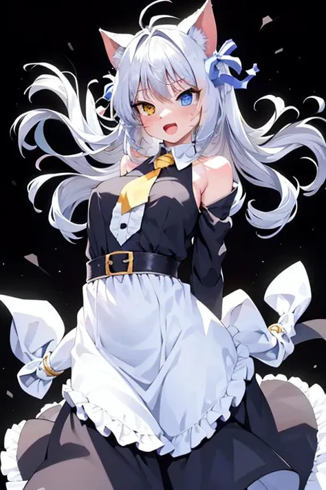 masterpiece,best quality,1girl,(solo:1.3),(simple background:1.3), <lora:mauve:0.8>,cat ears,white hair,long hair,heterochromia,yellow eyes,blue eyes,happy,open mouth,(arms behind back:1.2),(upper body:1.2),
