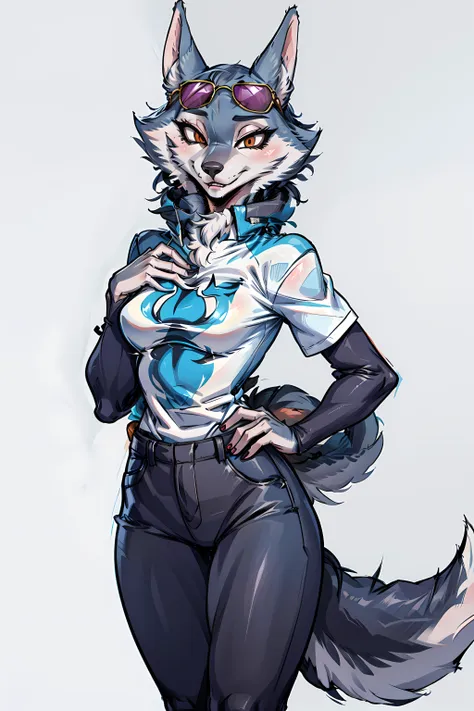 <lora:porshacrystal-novelai:1> porshacrystal, anthro, female, canid, canine, canis, wolf, mammal, solo, fur, grey body, grey fur, wolf, furry, furry female, 1 girl, 1girl, sunglasses, small breasts, ((closeup)), white t-shirt,