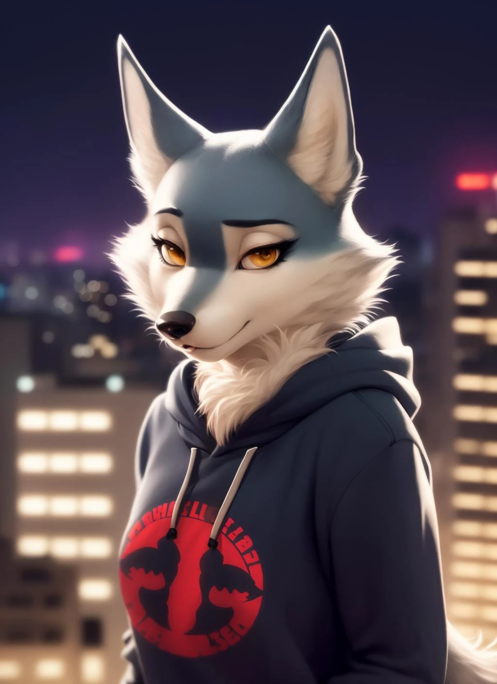 porshacrystal, furry female anthro, wolf girl, portrait, close-up, (hoodie:1.2), solo, (body fur:1.2), (best quality), (detailed urban night background:1.2), dramatic lighting, (detailed fluffy fur:1.1), looking at viewer, <lora:porshacrystal-v1:1>