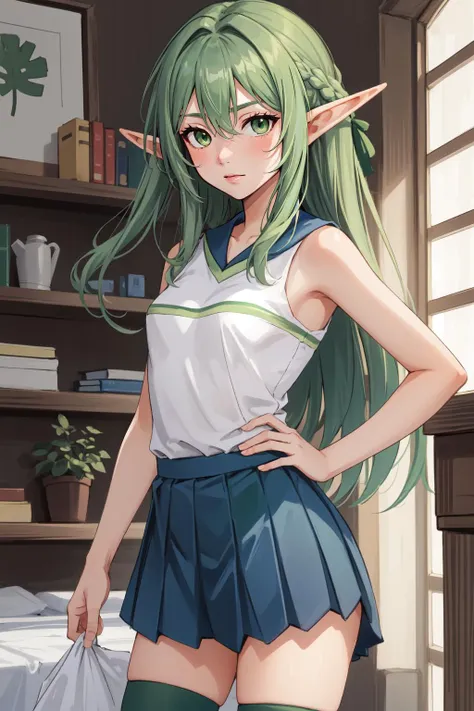 (masterpiece, best quality),  intricate details,
1girl,   <lora:highelfarchertest:0.8> high elf archer, elf, (green eyes:1.5), green hair, hair between eyes, long hair, pointy ears, sidelocks, (small breast:1.2),
 <lora:HaruCheer:0.8> HaruCheerUniform, blue skirt,