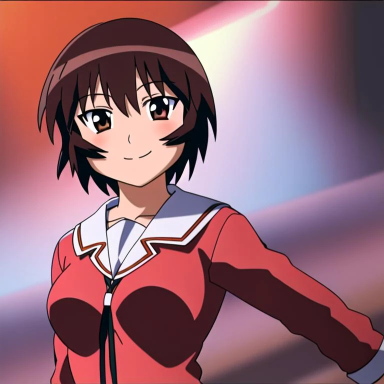 <lora:KaguraLoRA:1>, 1girl, solo, (portrait) kagura, brown hair, short hair, brown eyes, dark skin, looking at viewer, smile, school uniform, serafuku, (red shirt), red skirt, white background
