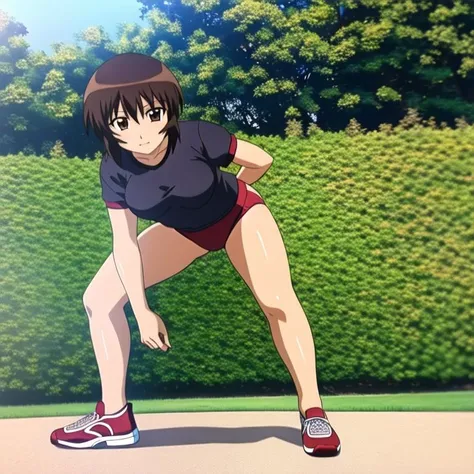 <lora:KaguraLoRA:1>, masterpiece, detailed, 1girl, solo, (full body) kagura, brown hair, short hair, brown eyes, dark skin, looking at viewer, gym uniform, (white shirt), buruma, stretching, outdoors, lighting