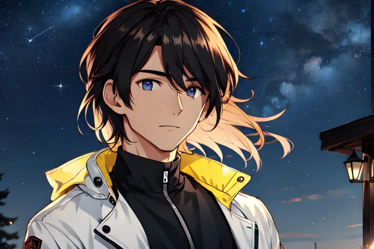 He looked in to the night sky as he wondered if he would ever find his soulmate. His light jacket did nothing against the cold autumn wind blowing gently against his face which blew his shoulder length hair back., (MasterPiece) (Detailed)