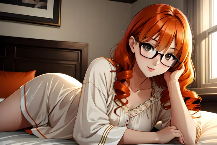 Laying on a comfy bed, Abby Jones(cute, young, Lithuanian woman, petite, gold-hazel eyes, small bust, glasses, long curly brunt orange hair) dressed in loose nightwear, soft light, (MasterPiece) (Detailed)