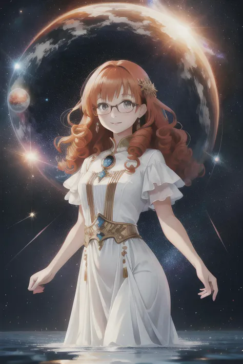 Standing on top of water, wearing a long flowing dress made from the skies(cosmic skies), Abby Jones(cute, young, Lithuanian woman, petite, gold-hazel eyes, small bust, glasses, long curly brunt orange hair) cosmic Space background, (MasterPiece) (Detailed)