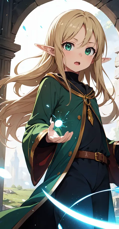 ((8k,  masterpiece, best quality, ultra-detailed)), anime, fantasy, 
1girl, solo, female child,
kawaii, cute face, small face, (blonde hair), longhair, bangs, sidelocks ,small breasts,
elf, pointy ears, summoner,
BREAK,
(green eyes), green cloth, green robe, 
(light particles:1.2), (magic, magic circle, casting spell), 
wince, (open mouth:0.7), 
looking at viewer, <lora:Squeezer2:1>