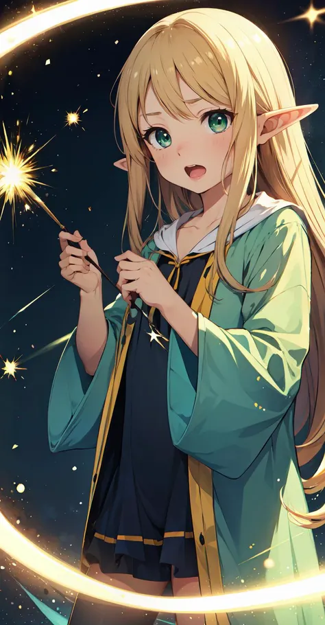 ((8k,  masterpiece, best quality, ultra-detailed)), anime, fantasy, 
1girl, solo, female ,
kawaii, cute face, small face, (blonde hair), longhair, bangs, sidelocks ,small breasts,
elf, pointy ears, summoner,
BREAK,
(green eyes), green cloth, green robe, 
(light particles:1.2), (magic, magic circle, casting spell), 
wince, (open mouth:0.7), 
looking at viewer, <lora:Squeezer2:1>