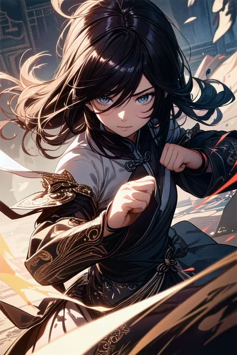 (official art,:1.2), (illustration:1.2), (super detailed skin:1.2), (beautiful detailed deep eyes:1.2), (shiny hair:1.2),(best quality, ultra-detailed,best shadow:1.2), ((extremely detailed)), 4K, (8K), best quality, (beautiful), illustration, upper body, a cute girl, (1girls, Fighting stance:1.2),game cg,various colors chinese clothes, medium view, nice hands, perfect hands, <lyco:GoodHands-beta2:0.8>