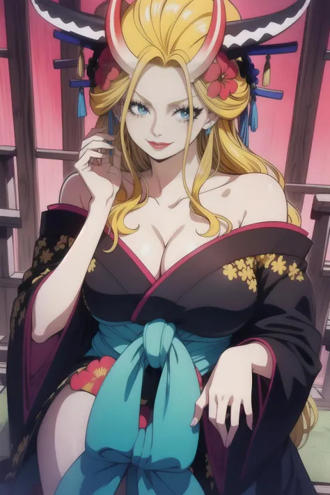 1 girl, (large breasts:1.4,), <lora:Black Maria_V1-3:0.8>, black maria,(cleavage:1.2), shiny_skin, (black_kimono), japanese_clothes, (off_shoulder), bare_shoulders, oiran, lips, blond_hair, blue_eyes, large_eyes, eyelashes, long_eyelashes,(nihongami), kanzashi, skin-covered_horns, hair_ornament, smile, outdoor, japanese temple, official art,extremely detailed CG unity 8k wallpaper, perfect lighting,Colorful, Bright_Front_face_Lighting, intricate details, high detailed,(masterpiece:1.0),(best_quality:1.0), ultra high res,4K,ultra-detailed, photography, 8K, HDR, highres, (vibrant_color:1.2), round breast