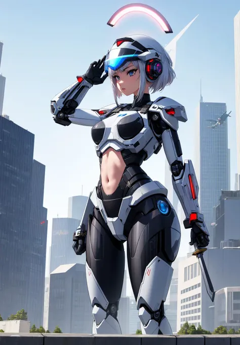 warrior girl pretty young female. sword sword in hand. pretty face detailed. face guard. bulky helmet guard. bulky legs armor. body suit transparent . flying over futuristic advanced city background . on eye shield visor blue. jetpack on slim waist. muscle legs. round ass. detailed legs. angry face. ring halo. hard nibbles. war machine. no thigh gap. drone flying. ammo belt. mounted body cannon. detailed face. detailed cloth. small breast. pretty face. waist belt. highly detailed. <lora:betweenlab:0.2> robot limbs. limbs weapons.