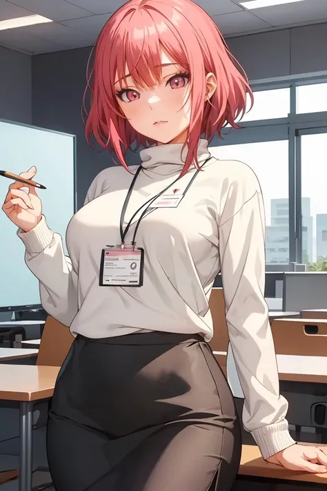 (masterpiece, best quality), 1girl, <lora:Miho_Tsujinaka:0.8> Miho_T,1 girl,solo, short hair,pink hair, white sweater, turtleneck ,long sleeves, grey skirt,pencil skirt,office lady, id card, lanyard,