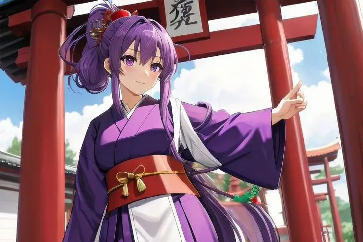 ASCIIpurple hair,ponytail,shrine maiden, whole body, ((no background))