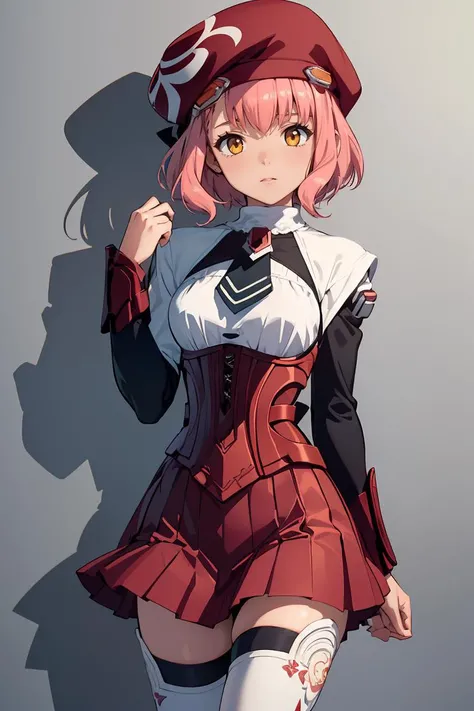 (masterpiece, best quality), 1girl, <lora:m.o.m.o_v1:0.8> aamomo, short hair, ahoge, hair ornament, black ascot, black dress, short dress, white thighhighs, bbmomo, short hair, beret, red headwear, short necktie, white shirt, corset, red skirt, black pantyhose