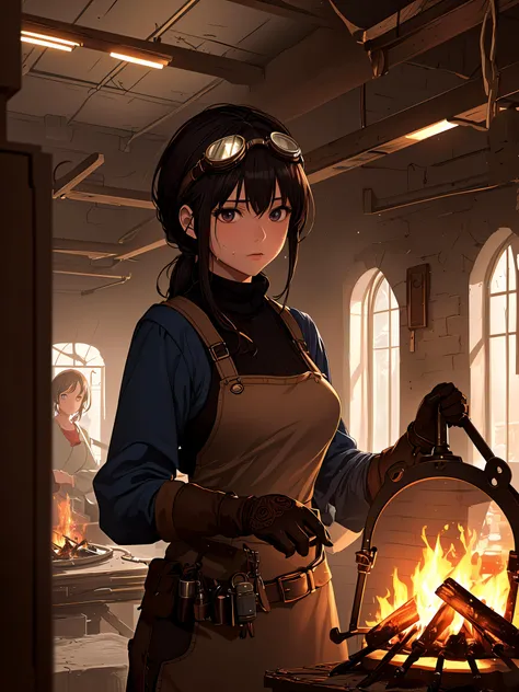 (fantasy style:1.4),(anime,8k,masterpiece, top quality, best quality,beautiful and aesthetic:1.2,professional illustrasion:1.1,ultra detail:1.3,perfect lighting),extremely detailed,highest detailed,incredibly absurdres , highres, ultra detailed,intricate:1.6,
The forge in the atelier.
A blacksmith girl lighting a fire in the furnace.
1girl,sweat,Blacksmith's attire,long sleeves, Mittens,Blacksmith's goggles