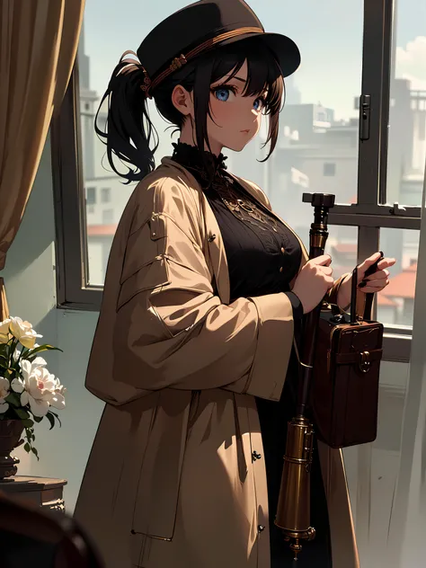 (1girl:1.3),(anime,8k,masterpiece, top quality, best quality,beautiful and aesthetic:1.2,professional illustrasion:1.1,ultra detail:1.3,perfect lighting),extremely detailed,highest detailed,incredibly absurdres , highres, ultra detailed,intricate:1.6,(cowboy shot),(A girl dressed in Sherlock Holmes' attire. The image should depict the girl wearing a classic dress or a brown overcoat. Please include details such as a pipe, magnifying glass, or deerstalker hat to incorporate iconic elements of Holmes. If you have any additional instructions regarding the background or pose, please provide them as well.),(girl),(Three kingdoms female warload),(highly detailed beautiful face and eyes,firm breasts),oily skin,((black,hair,short bob with short pony tail hair)),cute,lovely