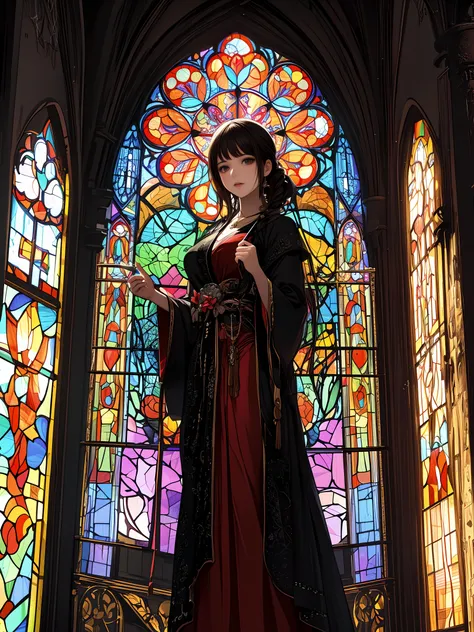 (masterpiece, top quality, best quality,official art, beautiful and aesthetic:1.2),(1girl:1.3), 1girl BREAK stained glass art, colored glass, lead lines, light transmission BREAK vibrant colors, intricate designs, luminous effects, spiritual ambiance, 1girl