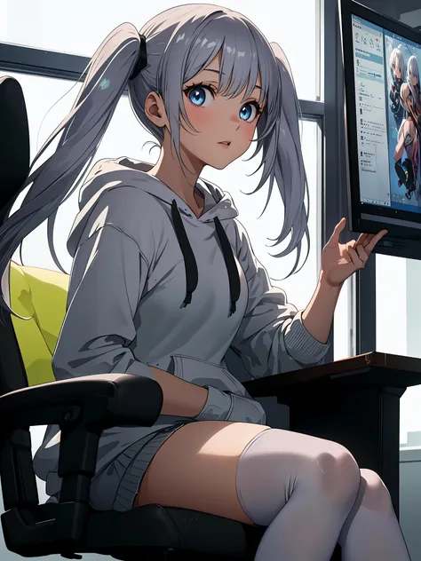 (anime,8k,masterpiece, top quality, best quality,beautiful and aesthetic:1.2,professional illustrasion:1.1,ultra detail:1.3,perfect  lighting),extremely detailed,highest detailed,incredibly absurdres , highres, ultra detailed,intricate:1.6,BREAK 
A girl sits cross-legged on a gaming chair.
The screen of a PC monitor is glowing.
, (young girl),(highly detailed beautiful face and eyes,silver hair:1.5,twin tail:1.1,floating hair),(white tights up to the thighs),small stature,(small breasts),shiny skin,cute,naked hoodie,