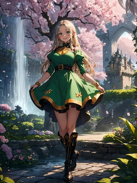 (anime,8k,masterpiece, top quality, best quality,beautiful and aesthetic:1.2,professional illustrasion:1.1,ultra detail:1.3,perfect lighting),extremely detailed,highest detailed,incredibly absurdres , highres, ultra detailed,intricate:1.6,BREAK
, ((yumekawa,yumekawaii,)),(((wonderland garden:1.3))),rainbow waterfall,(((dripping ink))),imagination,(Castle:1.4),
celebrating with a bouquet of flowers, (girl),(fantasy elf, beautiful, lady), teenage,skinny, pretty, medium, breasts, fair, blue, tsurime,beautiful eyes,beautiful hair,(blonde hair:1.2, long hair, parted bangs), beautiful, detailed, (silver armerd breastplate, green dress), Golden Circlet, Leather boots, smile