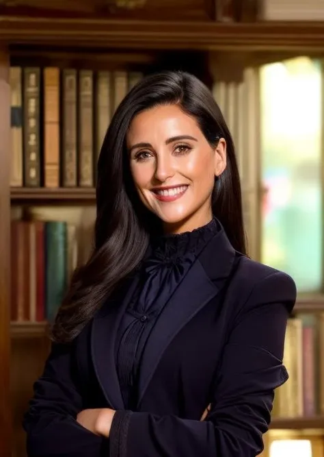 a photo of rpmnt, woman weared (dark three-piece suit with high-neck long-sleeve shirt:1.4), in the library, sexy hair, smiling
rim light, golden hour, upper body, (close up:1.2), hdr,
4k textures, natural skin texture, skin pores, intricate, highly detailed, sharp focus, insane details, intricate details, hyperdetailed, hyperrealistic<lora:add_detail:1> <lora:epi_noiseoffset2:1> <lora:ripamonti_lora_V1:1>