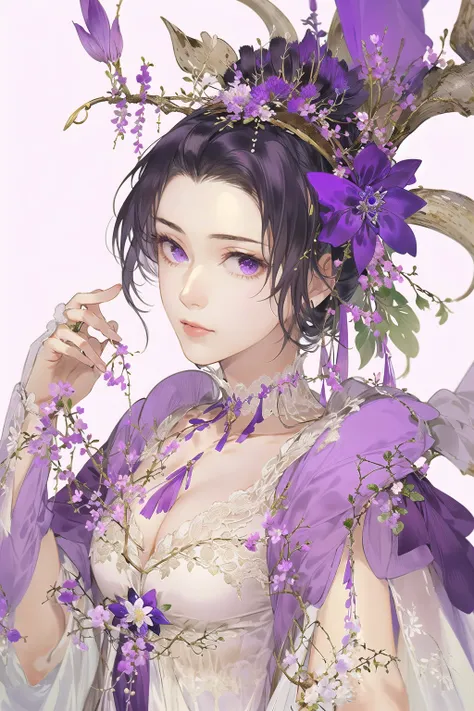 1girl,solo,flower,beauty,purple,gauze