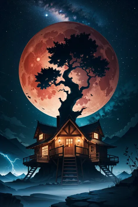 gems,vector style, an Joyful Cabin high up on a mountain, intricate details, hdr, hyperdetailed, hyperrealism, sharp lighting, game art, key visual, surreal, night, red moon, colorful stars, bats, tree, lightning, skulls
