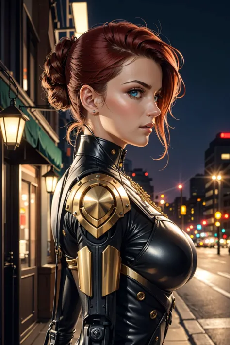 cyborg, girl, red hair, mechanical limbs,mechanical vertebra attaching to back,mechanical cervial attaching to neck,from side, looking at viewer,,wires and cables connecting to head, (ultra realistic details),metal,intricate, ornaments detailed, cold colors, egypician detail, highly intricate details, realistic light, trending on cgsociety, glowing eyes, neon details, two tone lighting, <lora:add_detail:0.5>