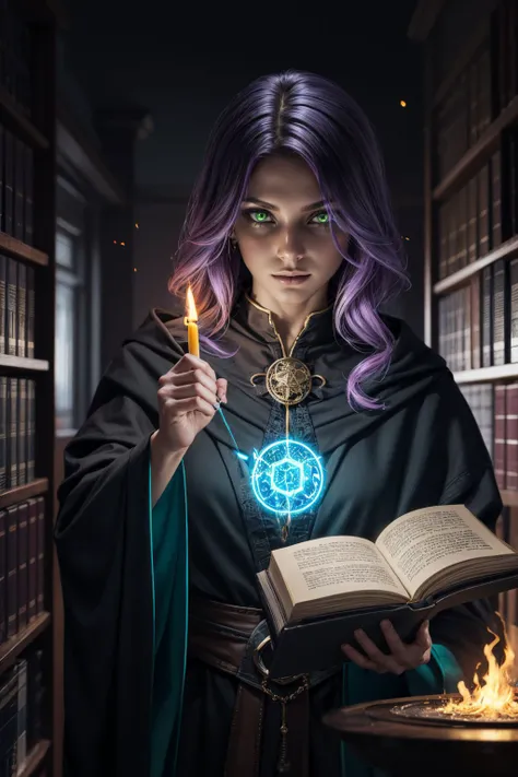 (style-swirlmagic:1.0),  looking at viewer, solo, upper body, detailed background, detailed face, (AetherpunkAI theme:1.1) evil wizard, tattered black magical robes, determined expression, green color scheme, dark purple light, library, bookshelves, glowing magical runes, evil book, dark atmosphere, shadows, realistic lighting, floating particles, embers, surrounded by fire, casting spell, summoning, (thick melting candles:0.8), yellow arcane symbols, corrupted by eldritch power, power-hungry eyes, <lora:add_detail:0.5>,  <lora:LowRA:0.5>