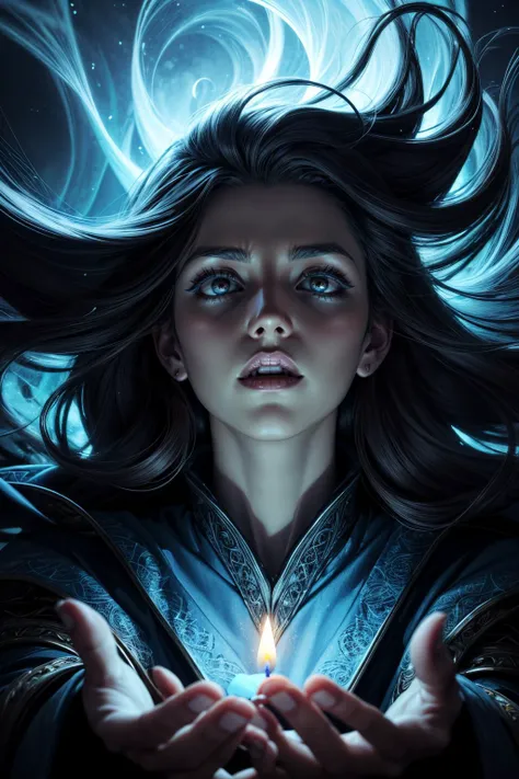 portrait, solo, half shot, looking up, detailed background, detailed face, (Dr490nSc4leAI theme:1.1), dilated pupils, summoner, unholy, intricate summoner robes, amulet, channeling, dynamic pose, evil glowing dark magical skull symbols, blue crackling necrotic energy, (style-swirlmagic:0.7), calling forth otherworldly power, shadowy candles in background, whirlwind, fog, ethereal atmosphere, <lora:add_detail:0.6>,