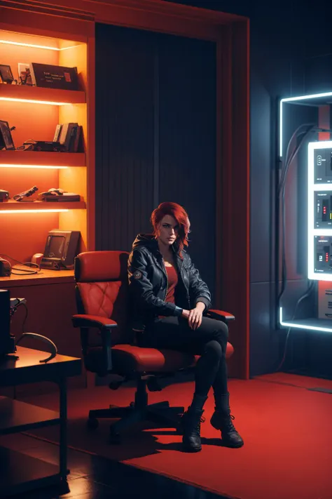 <lora:jesse_faden-10:0.6>,jesseC_soul3142, 1girl, red hair, jacket, sitting, science fiction, indoors,