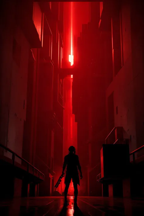 <lora:jesse_faden-10:0.6>,jesseC_soul3142, solo, holding, red theme, 1girl, silhouette, weapon, holding weapon, from behind