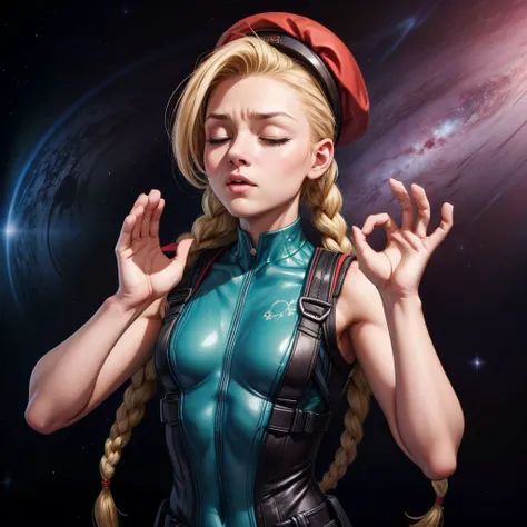 <lora:PachaMeme:0.8> PachaMeme, closed eyes, cosmos nebula background<lora:more_details:0.8> <lora:thickline_fp16:0.2><lora:cammy whiteV1:0.5> cammy white, blue eyes, blonde hair, very long hair, twin braids, ahoge, red headwear, harness, green leotard