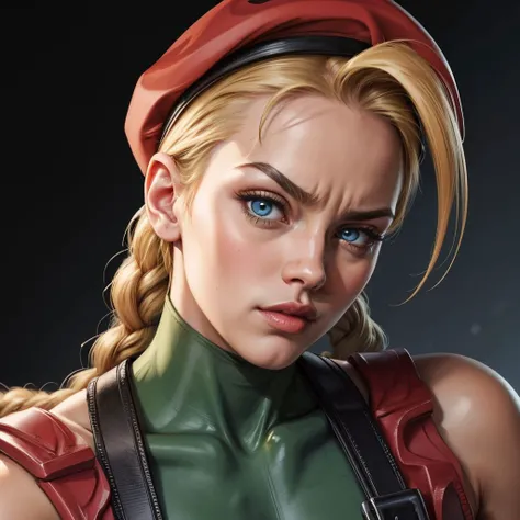 absurdres, highres, best quality, masterpiece, <lora:RocksEyebrowRaise:0.4> RocksEyebrowRaise, portrait, raised eyebrow, thick eyebrows, face closeup, abstract gradient background, <lora:more_details:0.5> <lora:cammy whiteV1:1> cammy white, blue eyes, blonde hair, very long hair, twin braids, red headwear, green leotard, fingerless gloves, harness, thighs, red socks, black footwear, ahoge