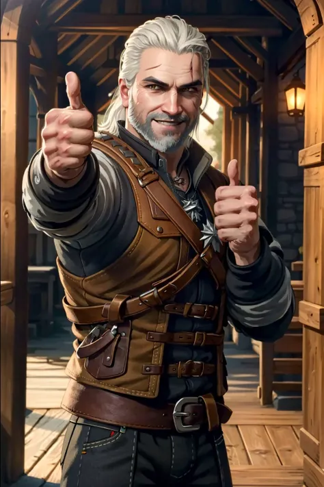 <lora:geraltW3-09a:0.6>, geralt_soul3142,  looking at viewer, beard, thumb up, (smile), open mouth, cowboy shot,