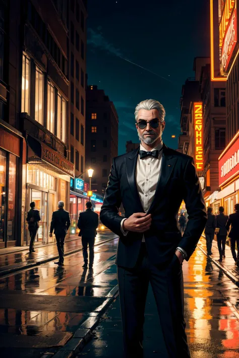 <lora:geraltW3-09a:0.6>, geralt_soul3142, 1man, beard, (tuxedo), bowtie, sunglasses, standing, street, lights, city, night, <lora:add_detail:0.5>