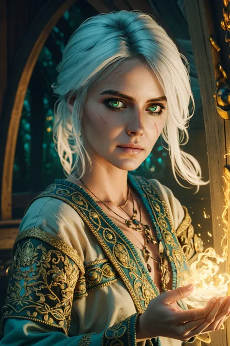 ciriW3_soul3142, 1girl, green eyes, white hair, scar across eye, looking at viewer, magic, fantasy, glow, mystical, masterpiece, best quality, intricate details, <lora:ciriW3-08b:0.6>, <lora:detail_slider_v4:0.7>