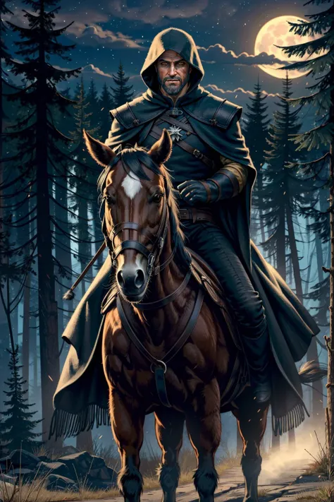 <lora:geraltW3-09a:0.6>, geralt_soul3142, gloves, outdoors, belt, hood, armor, tree, yellow eyes, facial hair, cloak, beard, hood up, riding, horse, horseback riding, forest, night sky, dark, moon, <lora:LowRA:0.6>